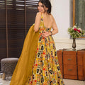 Mustard Yellow Printed Gown with Multicolor Traditional Motifs and Matching Organza Dupatta - Mangaldeep NX