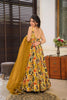 Mustard Yellow Printed Gown with Multicolor Traditional Motifs and Matching Organza Dupatta - Mangaldeep NX