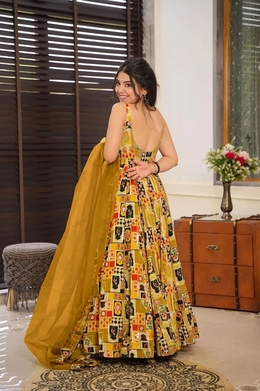 Mustard Yellow Printed Gown with Multicolor Traditional Motifs and Matching Organza Dupatta - Mangaldeep NX