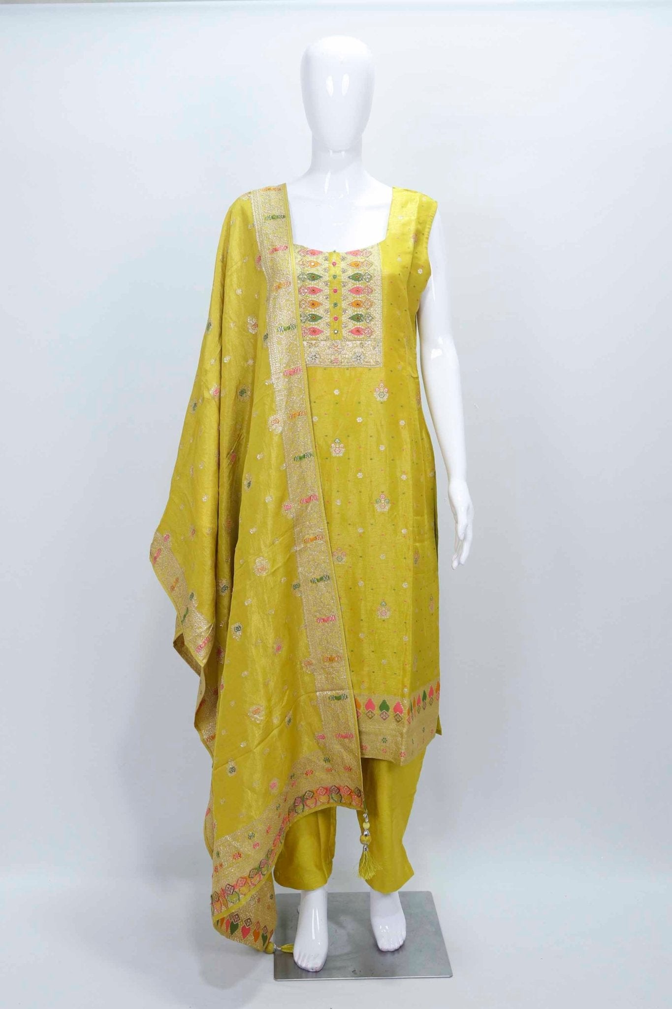 Mustard Yellow Silk Patiala Suit with Zari and Thread Embroidery - Mangaldeep NX