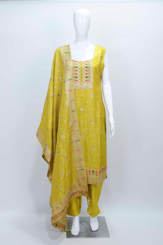 Mustard Yellow Silk Patiala Suit with Zari and Thread Embroidery - Mangaldeep NX