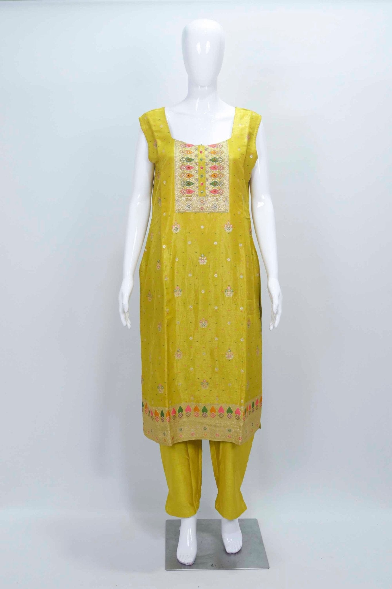 Mustard Yellow Silk Patiala Suit with Zari and Thread Embroidery - Mangaldeep NX