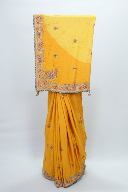 Mustard Yellow Silk Saree with Intricate Embroidery and Heavy Zari Border - Mangaldeep NX