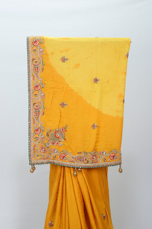 Mustard Yellow Silk Saree with Intricate Embroidery and Heavy Zari Border - Mangaldeep NX