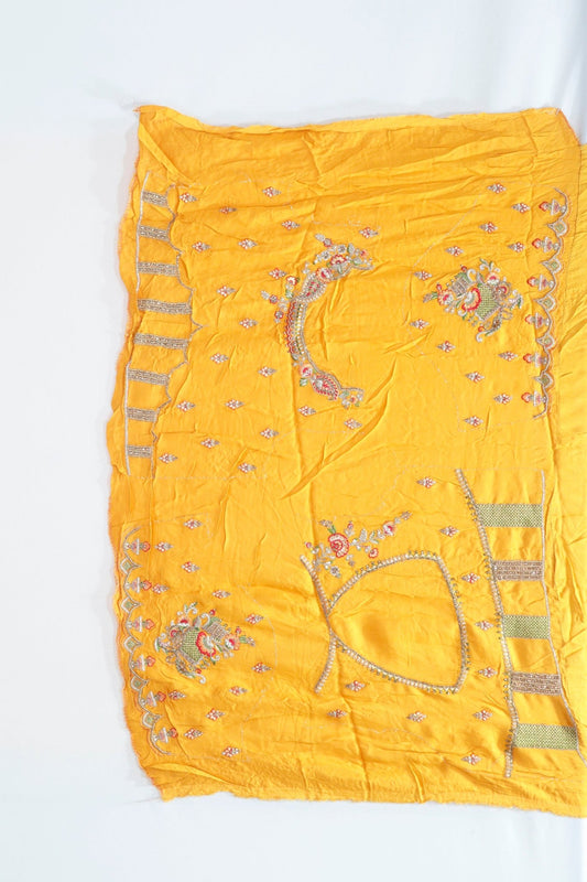 Mustard Yellow Silk Saree with Intricate Embroidery and Heavy Zari Border - Mangaldeep NX