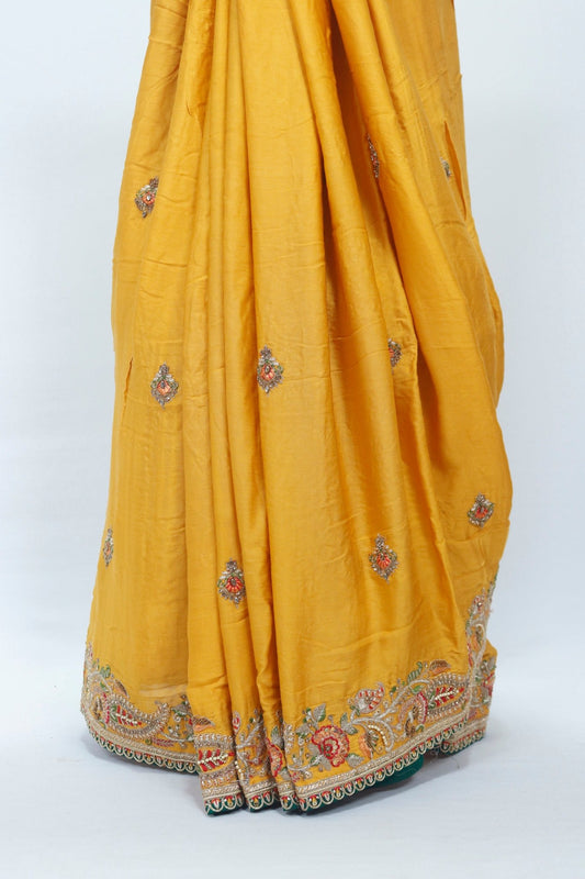 Mustard Yellow Silk Saree with Intricate Embroidery and Heavy Zari Border - Mangaldeep NX