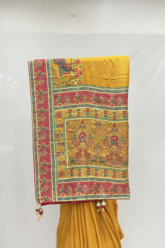 Mustard Yellow Silk Saree with Traditional Madhubani Print - Mangaldeep NX