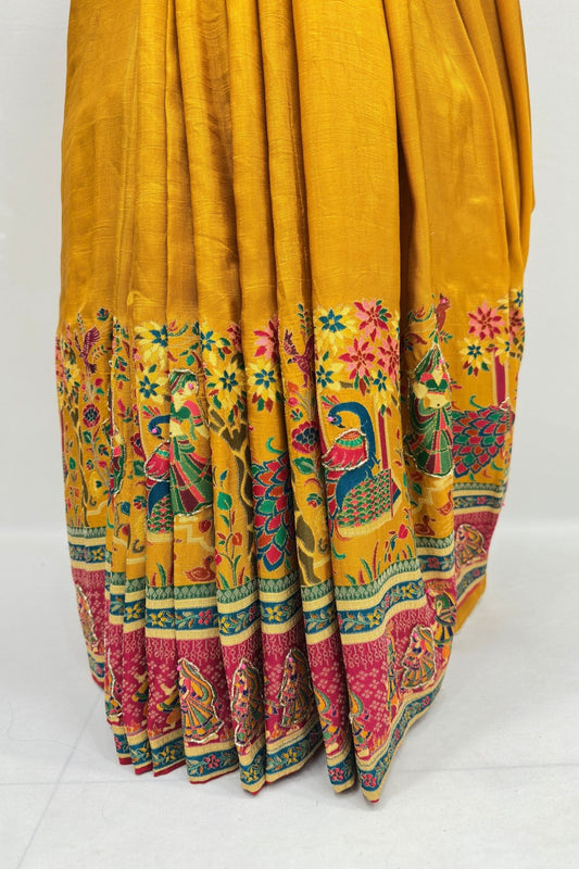 Mustard Yellow Silk Saree with Traditional Madhubani Print - Mangaldeep NX