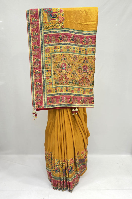 Mustard Yellow Silk Saree with Traditional Madhubani Print - Mangaldeep NX