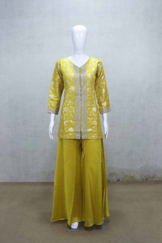 Mustard Yellow Simar Kurta Set with Silver Zari Embroidery and Matching Dupatta - Mangaldeep NX