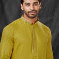 Mustard Yellow Textured Cotton Kurta for Men with Off - White Pyjama - Mangaldeep NX