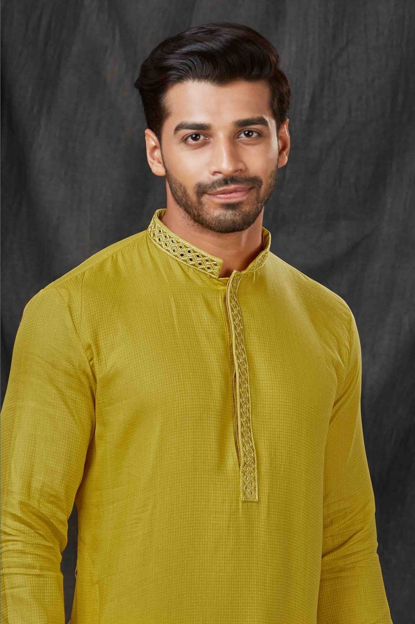 Mustard Yellow Textured Cotton Kurta for Men with Off - White Pyjama - Mangaldeep NX