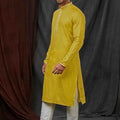 Mustard Yellow Textured Cotton Kurta for Men with Off - White Pyjama - Mangaldeep NX