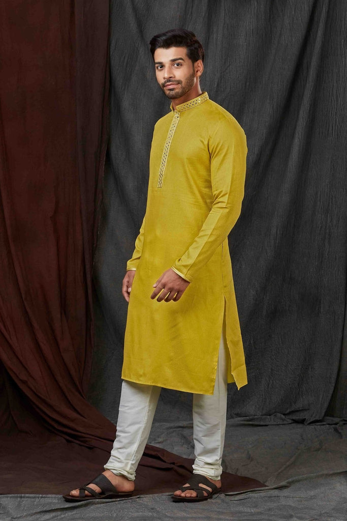 Mustard Yellow Textured Cotton Kurta for Men with Off - White Pyjama - Mangaldeep NX