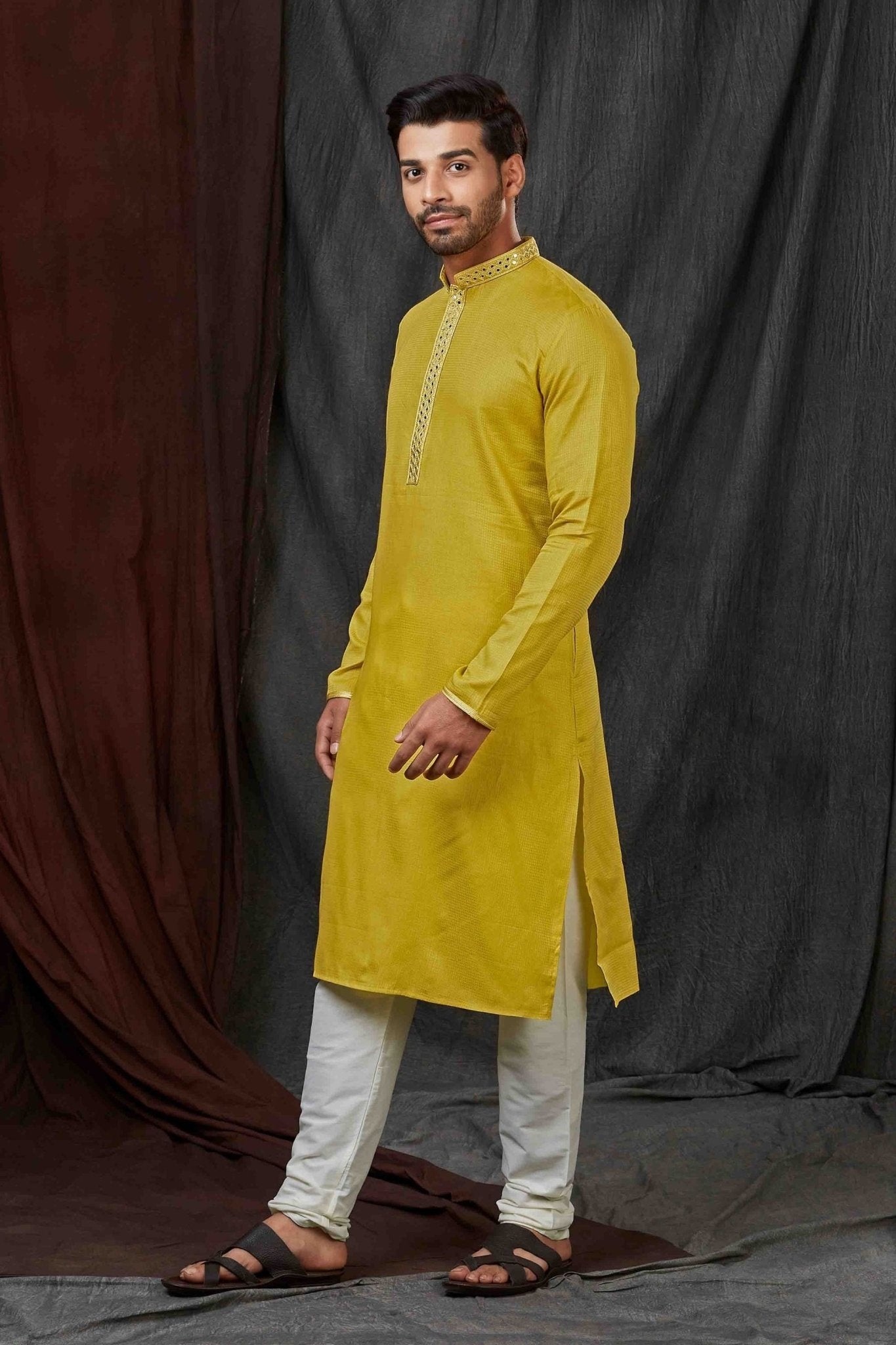 Mustard Yellow Textured Cotton Kurta for Men with Off - White Pyjama - Mangaldeep NX