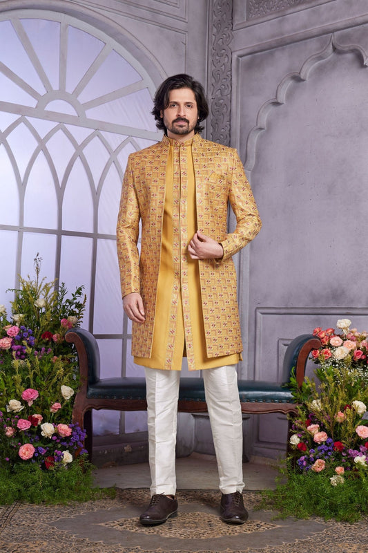 Mustard Yellow Textured Indo Western with Embroidered Jacket for Men - Mangaldeep NX