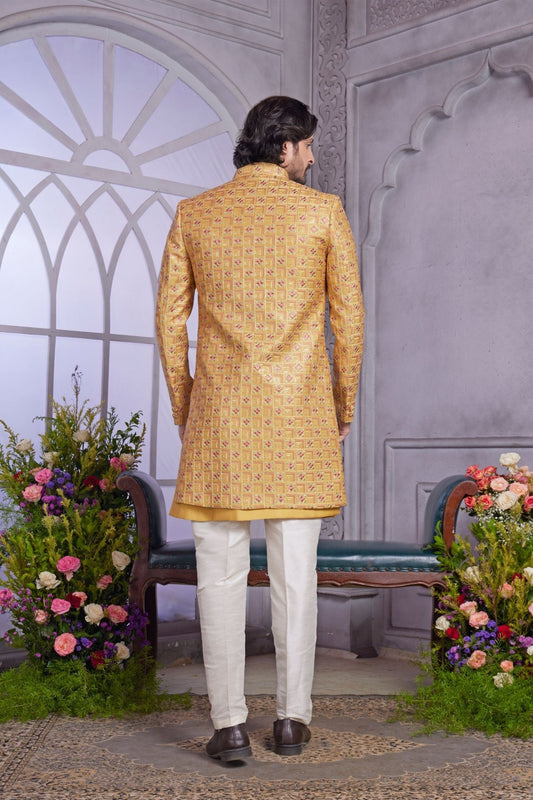 Mustard Yellow Textured Indo Western with Embroidered Jacket for Men - Mangaldeep NX