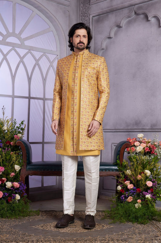 Mustard Yellow Textured Indo Western with Embroidered Jacket for Men - Mangaldeep NX