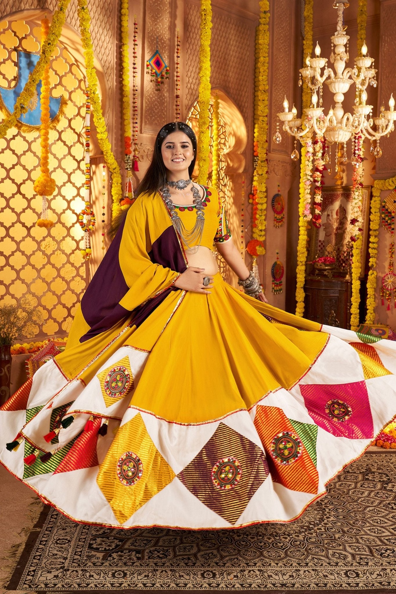 Mustard Yellow Traditional Garba Lehenga Choli Set with Multicolor Mirror Work for Navratri - Mangaldeep NX