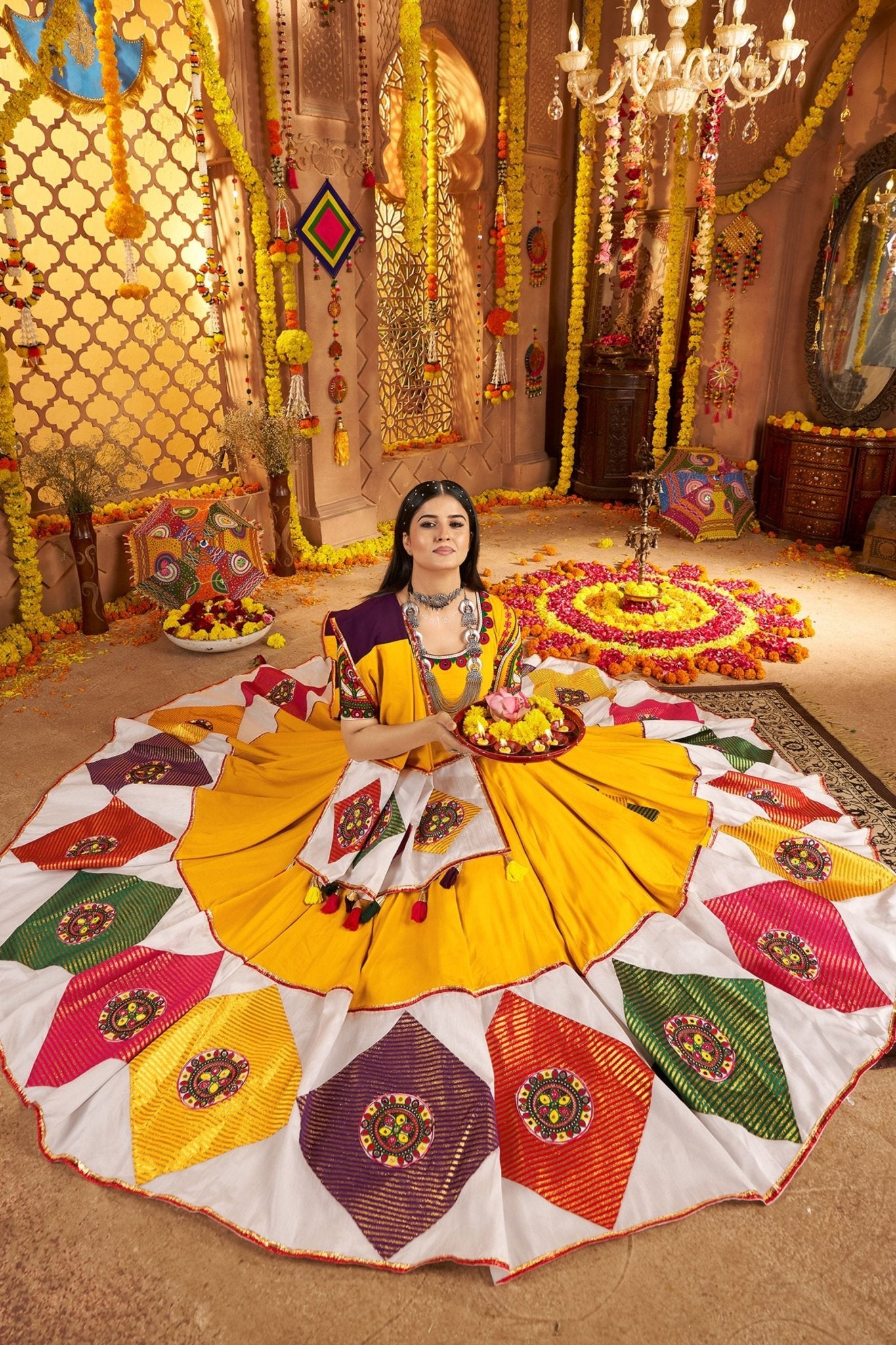 Mustard Yellow Traditional Garba Lehenga Choli Set with Multicolor Mirror Work for Navratri - Mangaldeep NX