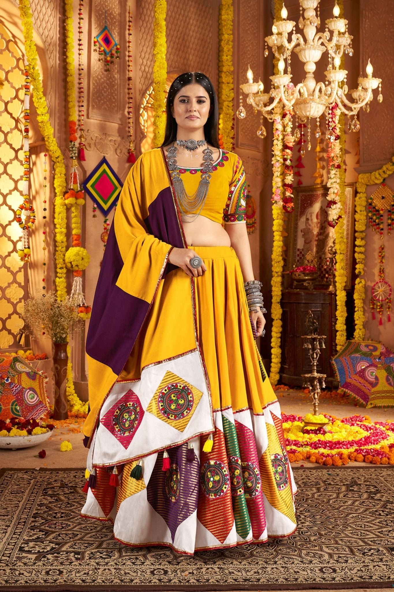 Mustard Yellow Traditional Garba Lehenga Choli Set with Multicolor Mirror Work for Navratri - Mangaldeep NX