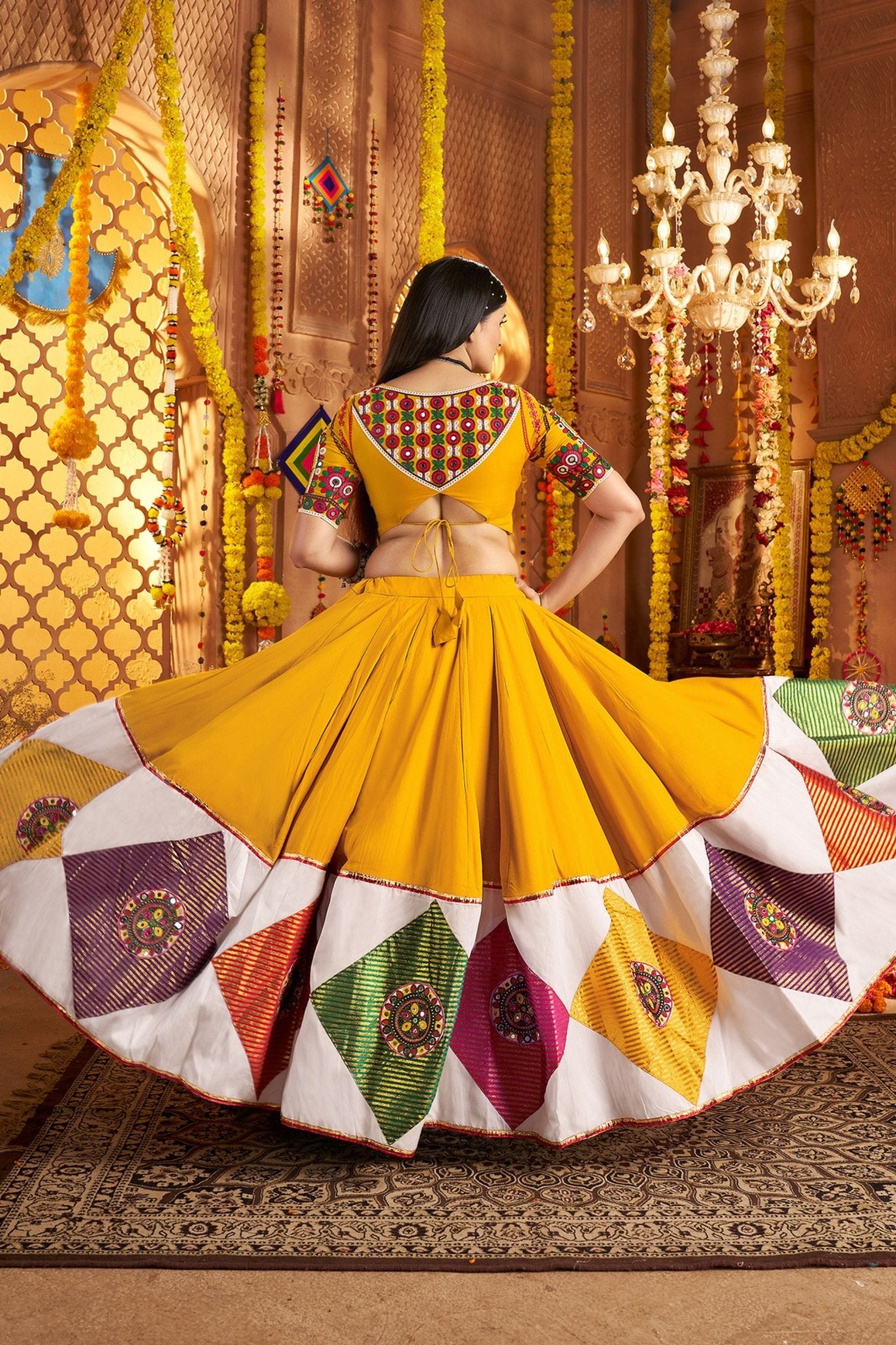 Mustard Yellow Traditional Garba Lehenga Choli Set with Multicolor Mirror Work for Navratri - Mangaldeep NX