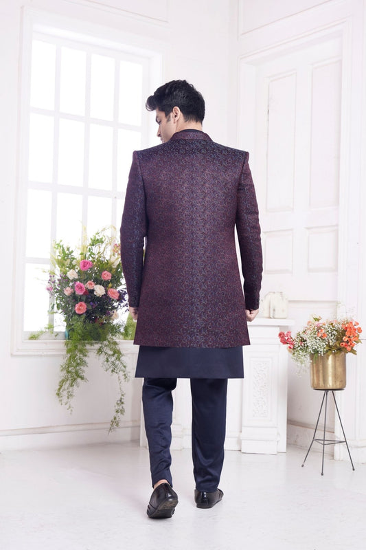 Navy Blue and Maroon Indo - Western Suit with Embroidered Maroon Jacket - Mangaldeep NX