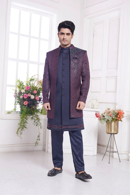 Navy Blue and Maroon Indo - Western Suit with Embroidered Maroon Jacket - Mangaldeep NX