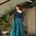 Navy Blue and Teal Embroidered Anarkali Suit with Dupatta For Festival - Mangaldeep NX