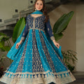 Navy Blue and Teal Embroidered Anarkali Suit with Dupatta For Festival - Mangaldeep NX