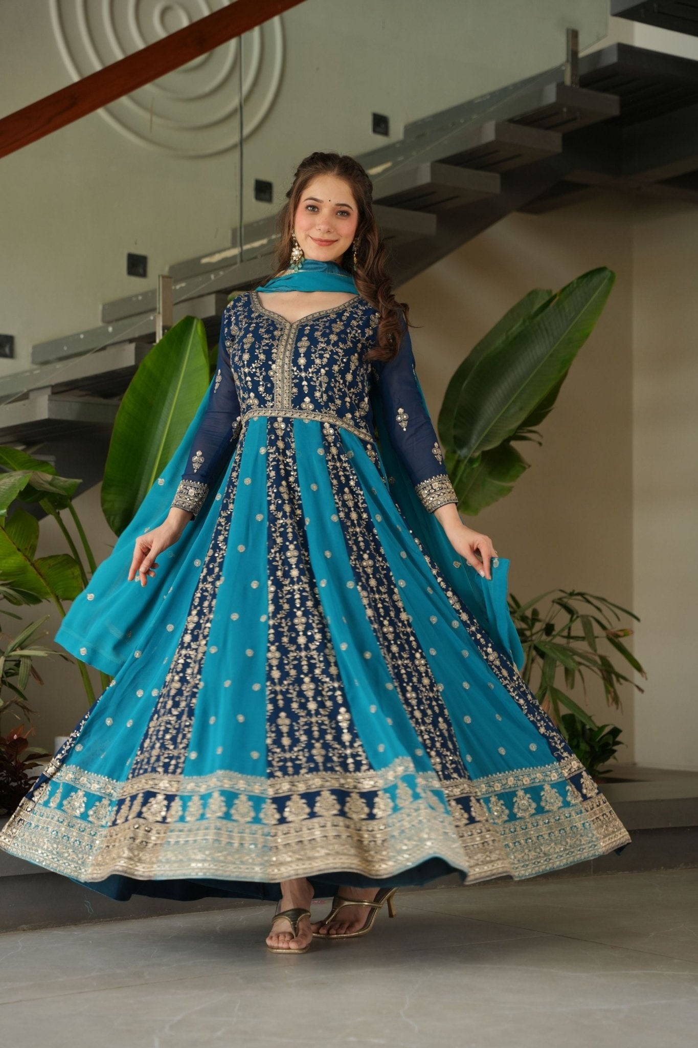 Navy Blue and Teal Embroidered Anarkali Suit with Dupatta For Festival - Mangaldeep NX