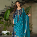 Navy Blue and Teal Embroidered Anarkali Suit with Dupatta For Festival - Mangaldeep NX