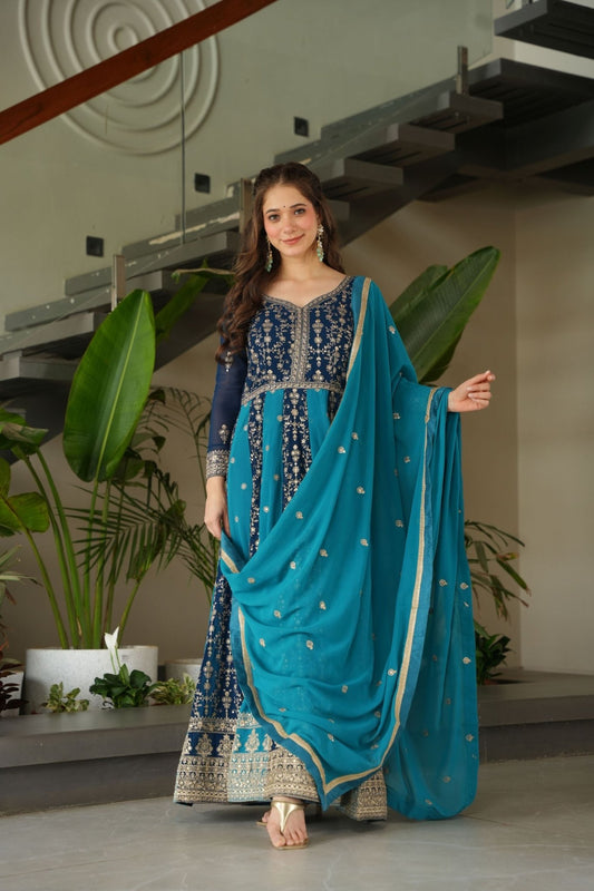 Navy Blue and Teal Embroidered Anarkali Suit with Dupatta For Festival - Mangaldeep NX