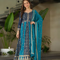 Navy Blue and Teal Embroidered Anarkali Suit with Dupatta For Festival - Mangaldeep NX