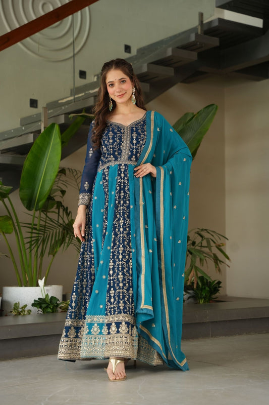 Navy Blue and Teal Embroidered Anarkali Suit with Dupatta For Festival - Mangaldeep NX