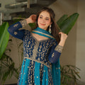 Navy Blue and Teal Embroidered Anarkali Suit with Dupatta For Festival - Mangaldeep NX