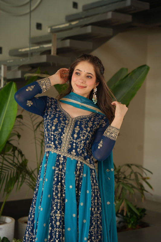 Navy Blue and Teal Embroidered Anarkali Suit with Dupatta For Festival - Mangaldeep NX