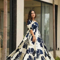 Navy Blue and White Floral Floor Length Kurti with Puff Sleeves - Mangaldeep NX