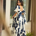 Navy Blue and White Floral Floor Length Kurti with Puff Sleeves - Mangaldeep NX