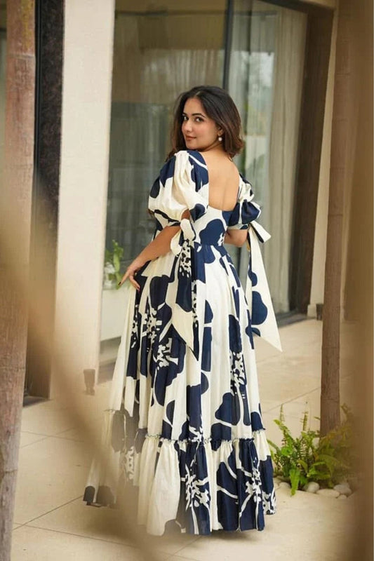 Navy Blue and White Floral Floor Length Kurti with Puff Sleeves - Mangaldeep NX