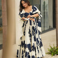 Navy Blue and White Floral Floor Length Kurti with Puff Sleeves - Mangaldeep NX