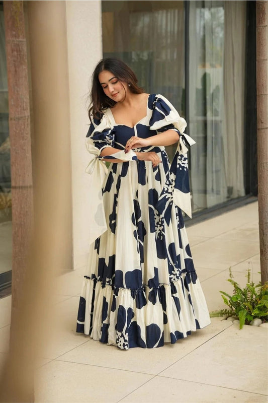 Navy Blue and White Floral Floor Length Kurti with Puff Sleeves - Mangaldeep NX
