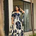 Navy Blue and White Floral Floor Length Kurti with Puff Sleeves - Mangaldeep NX