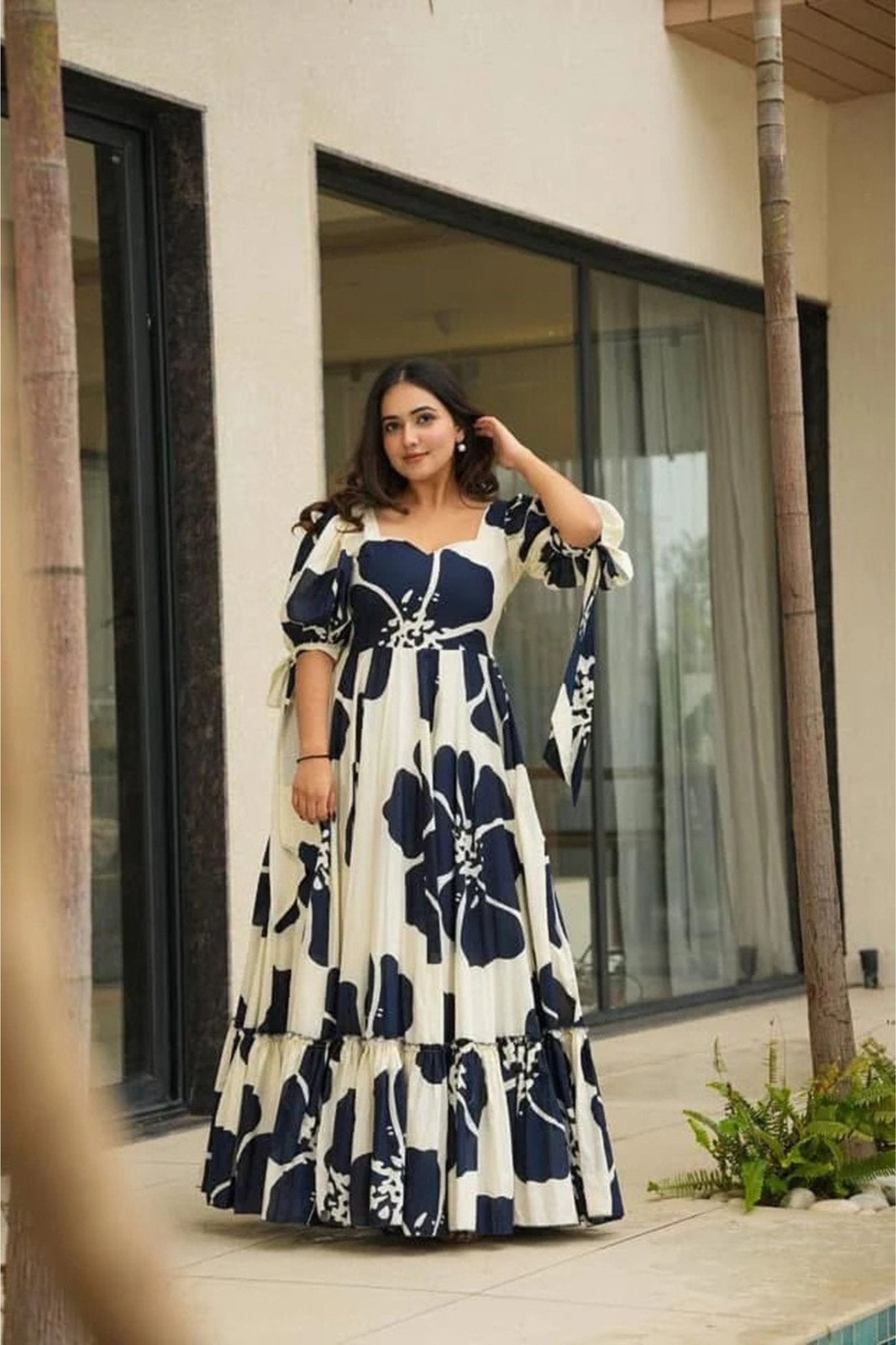 Navy Blue and White Floral Floor Length Kurti with Puff Sleeves - Mangaldeep NX