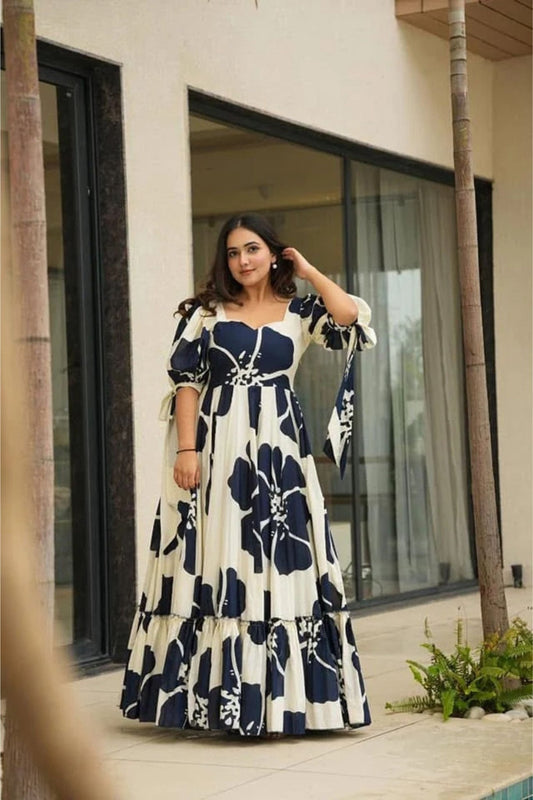 Navy Blue and White Floral Floor Length Kurti with Puff Sleeves - Mangaldeep NX