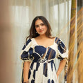Navy Blue and White Floral Floor Length Kurti with Puff Sleeves - Mangaldeep NX