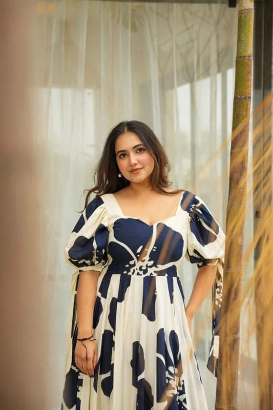 Navy Blue and White Floral Floor Length Kurti with Puff Sleeves - Mangaldeep NX