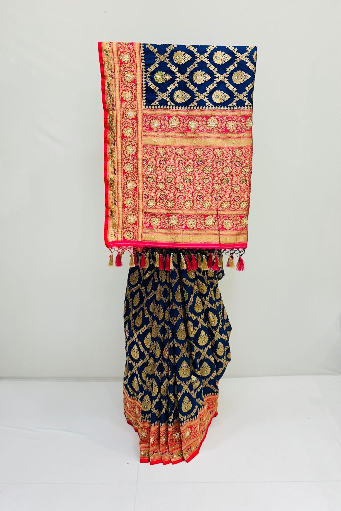 Navy Blue Banarasi Silk Saree with Red Embroidered Pallu - Mangaldeep NX