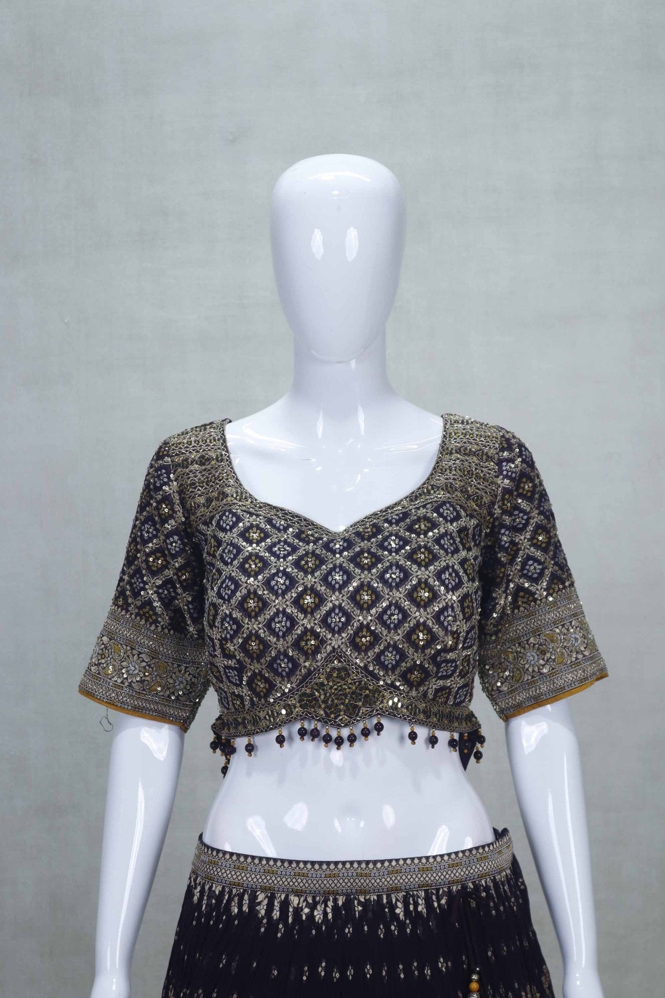 Navy Blue Bandhani Print Embroidered Lehenga Choli with Mirror Work and Gota Patti Dupatta - Mangaldeep NX