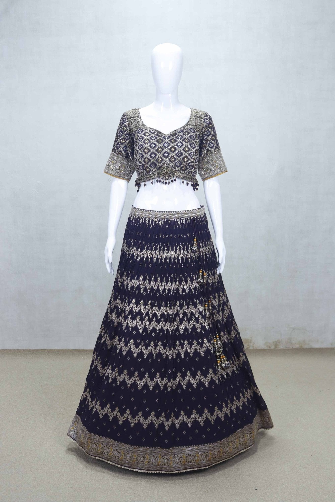 Navy Blue Bandhani Print Embroidered Lehenga Choli with Mirror Work and Gota Patti Dupatta - Mangaldeep NX